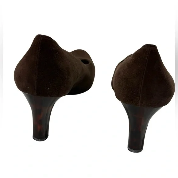 SALVATORE FERRAGAMO Brown Suede Pumps Sz 11.5C Tortoise Heel - Picture 4 of 10